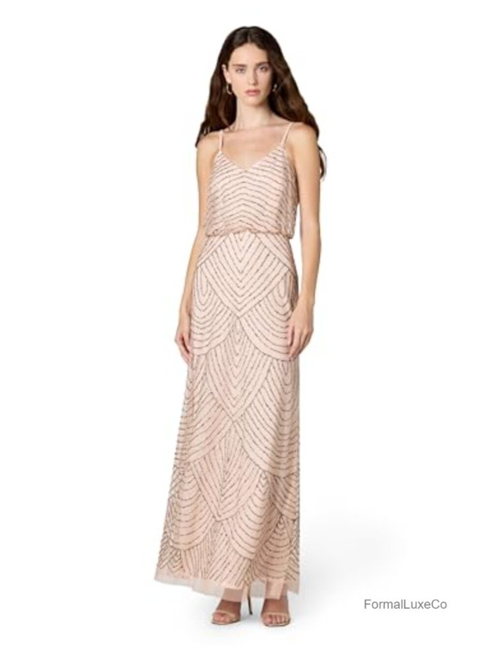 Sequined Blouson Evening Gown V-Neck Sleeveless Floor-Length Formal Dress